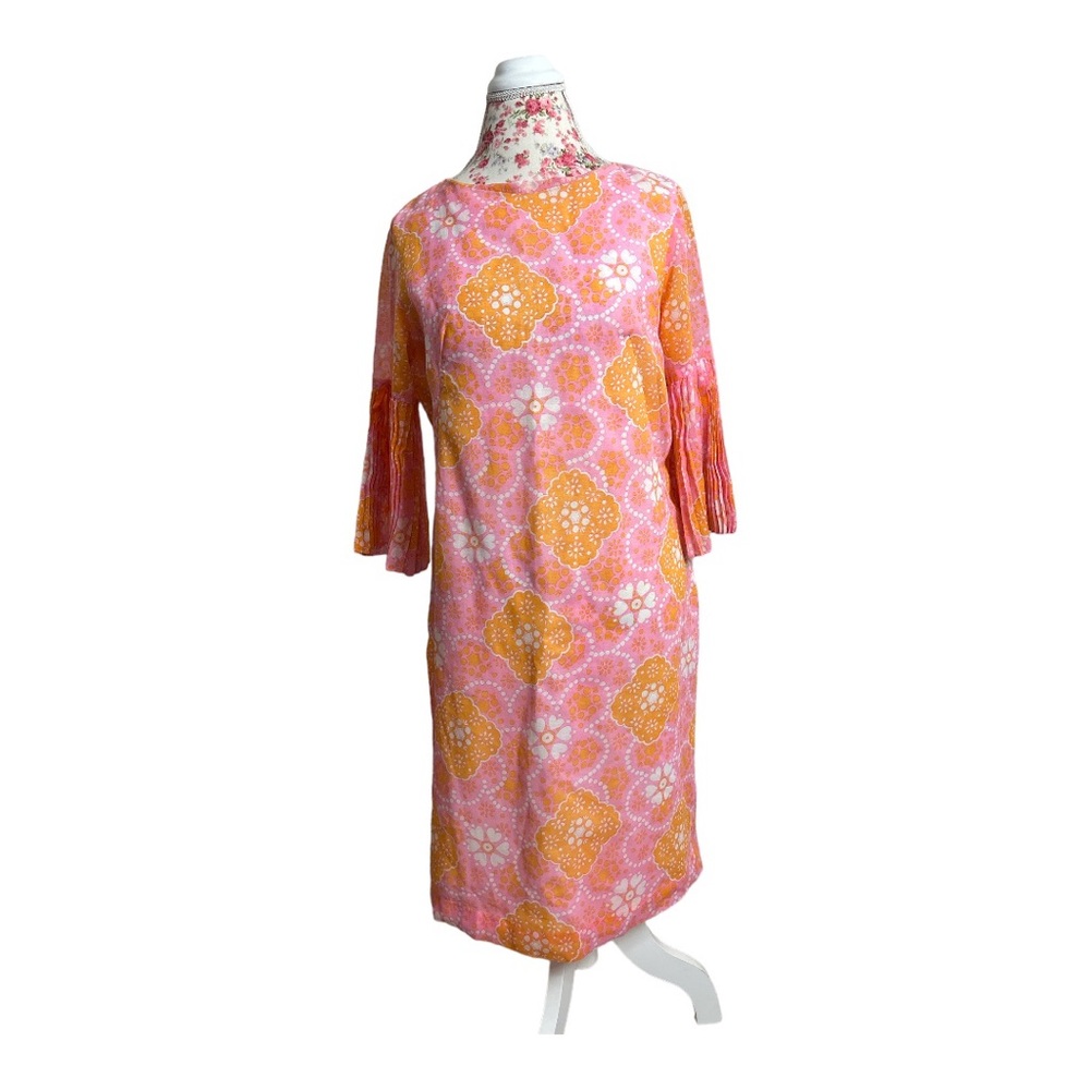 Vintage 1960’s Pink and Orange Floral Sheath Dress 3/4 Sleeves Women’s Med  [283